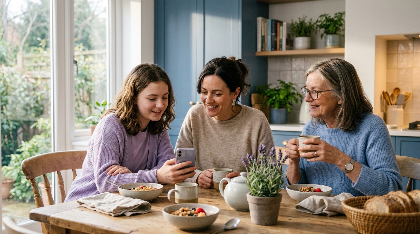 A relaxed multigenerational family sitting together at a sunlit kitchen table in the morning, a teenager showing something on her phone while a parent and grandparent look on calmly.