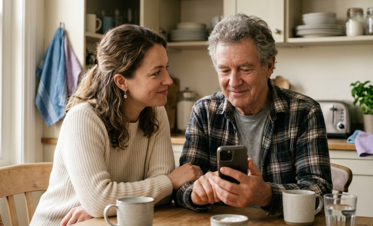An adult daughter sitting at the kitchen table beside her older father, both smiling warmly as he checks his phone, a calm everyday moment of family digital safety.