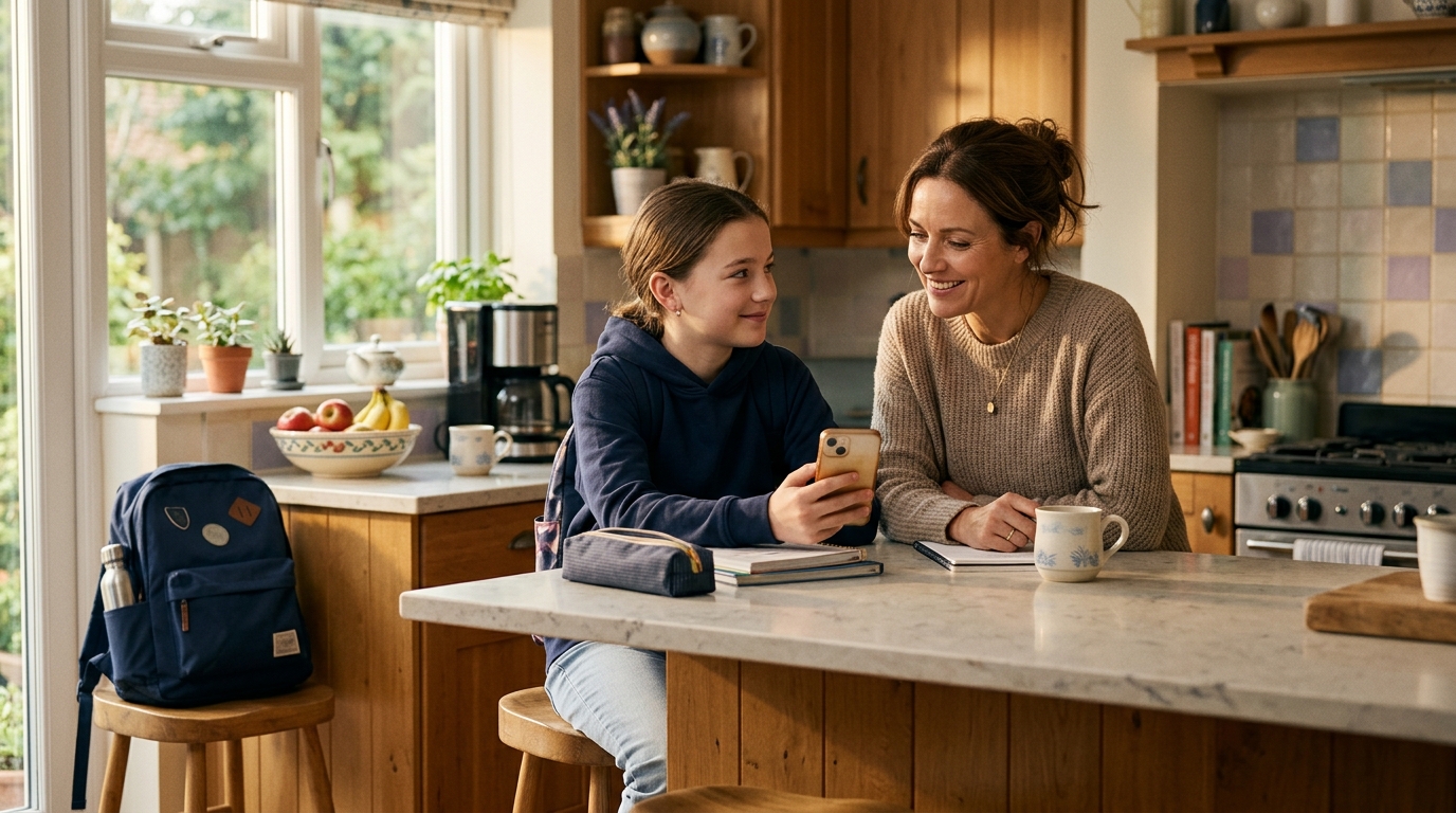 A mother and her early-teen child sitting together at a sunlit kitchen island on a school morning, the child showing something on a phone while both smile.