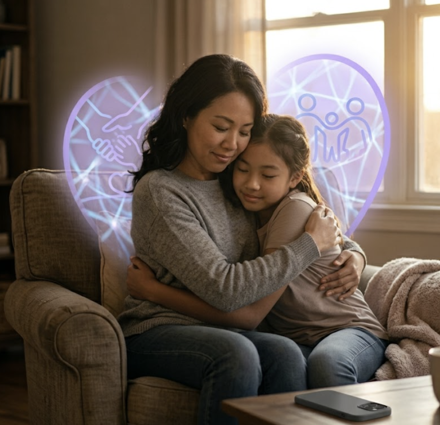 A mother holding her young daughter close in an armchair, both with their eyes closed and at peace, a phone face down on the table beside them