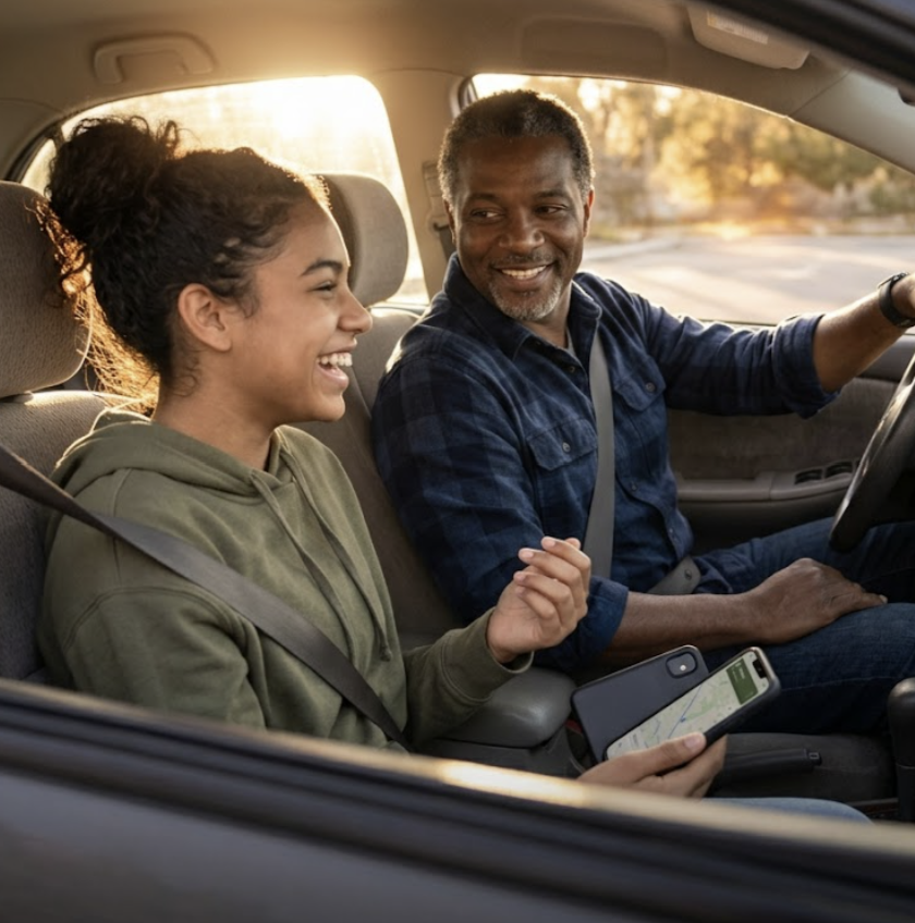 A father laughing with his teenage daughter as he drives, while she holds a phone showing a map