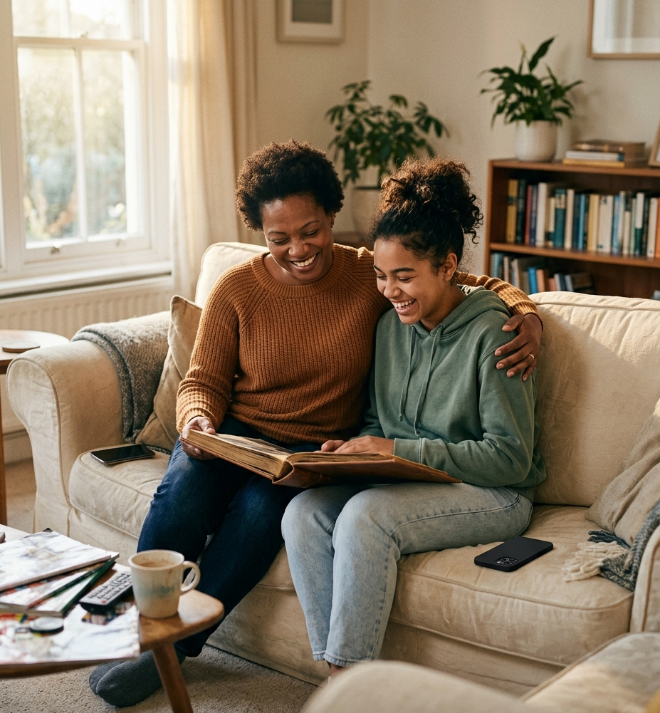 A mother and her teenage daughter laughing together on the couch over an old photo album, their phones set aside