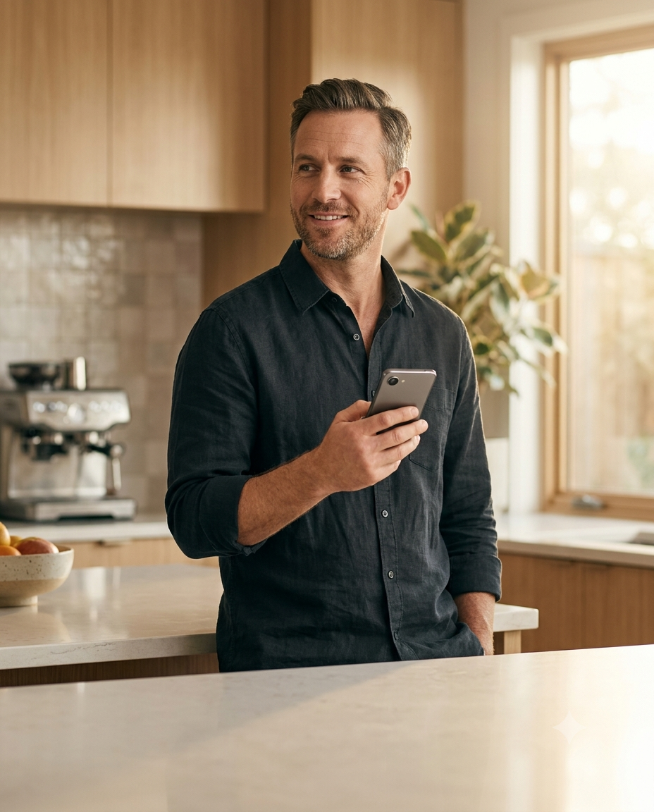 A man standing relaxed in his bright kitchen, holding his phone and looking off with a small smile