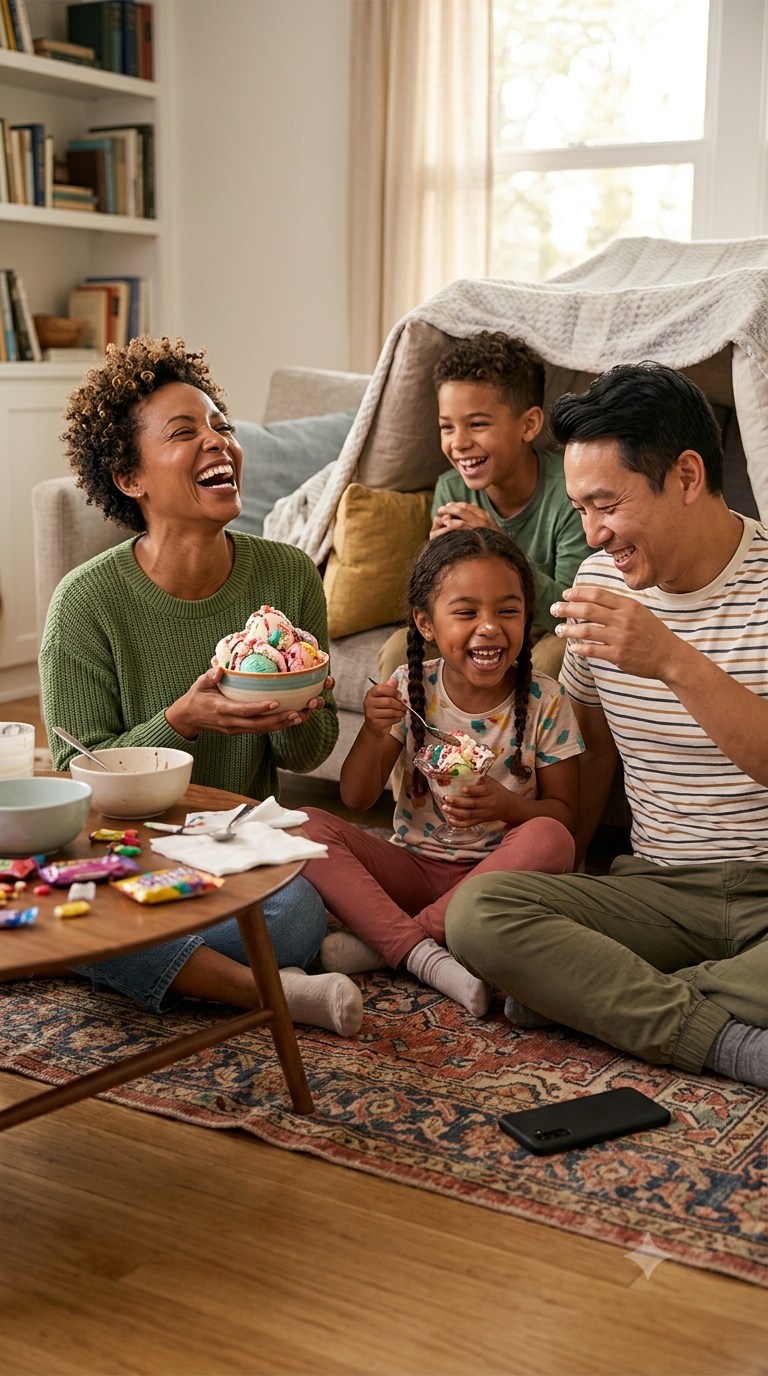 A family sitting on the living room floor eating ice cream by a blanket fort, parents and two kids laughing together with their phones set aside