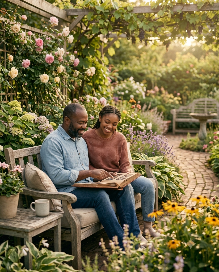 An older couple sitting close together on a garden bench in the sunshine, smiling down at a photo album on their laps