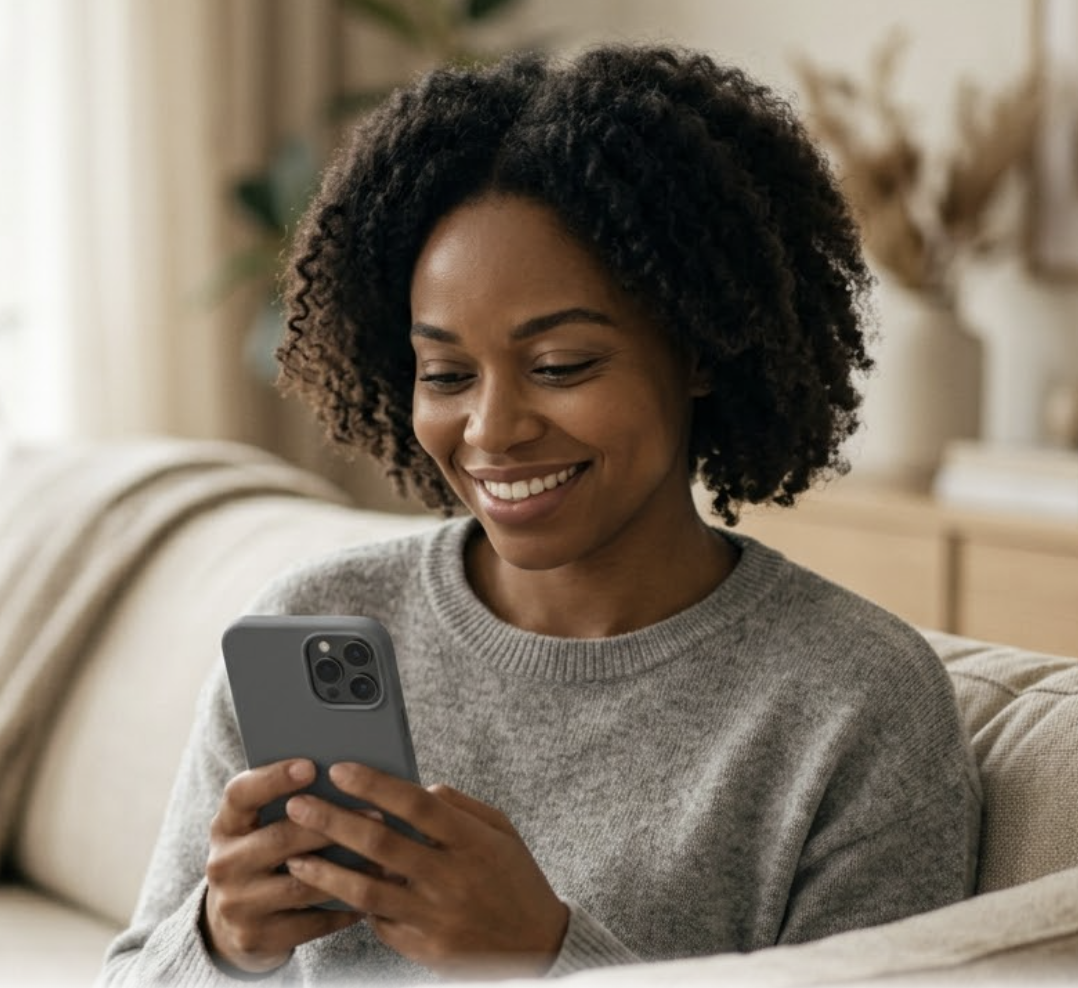 A mother sitting on her living room couch, smiling gently down at her phone, calm and unworried