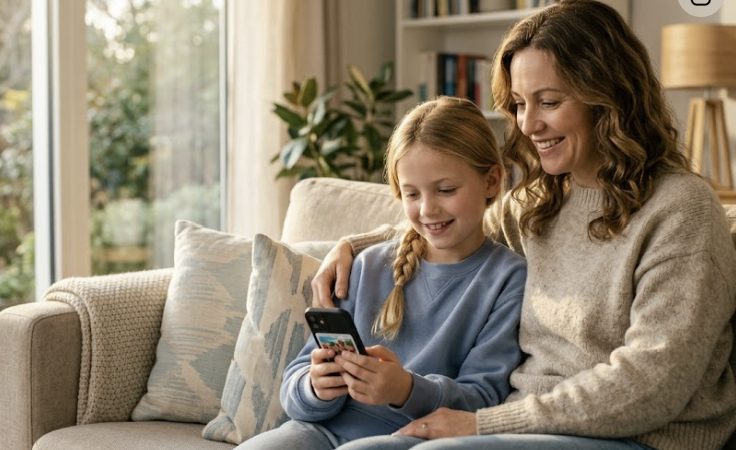 A mother and her young daughter sitting close together at home, relaxed and content